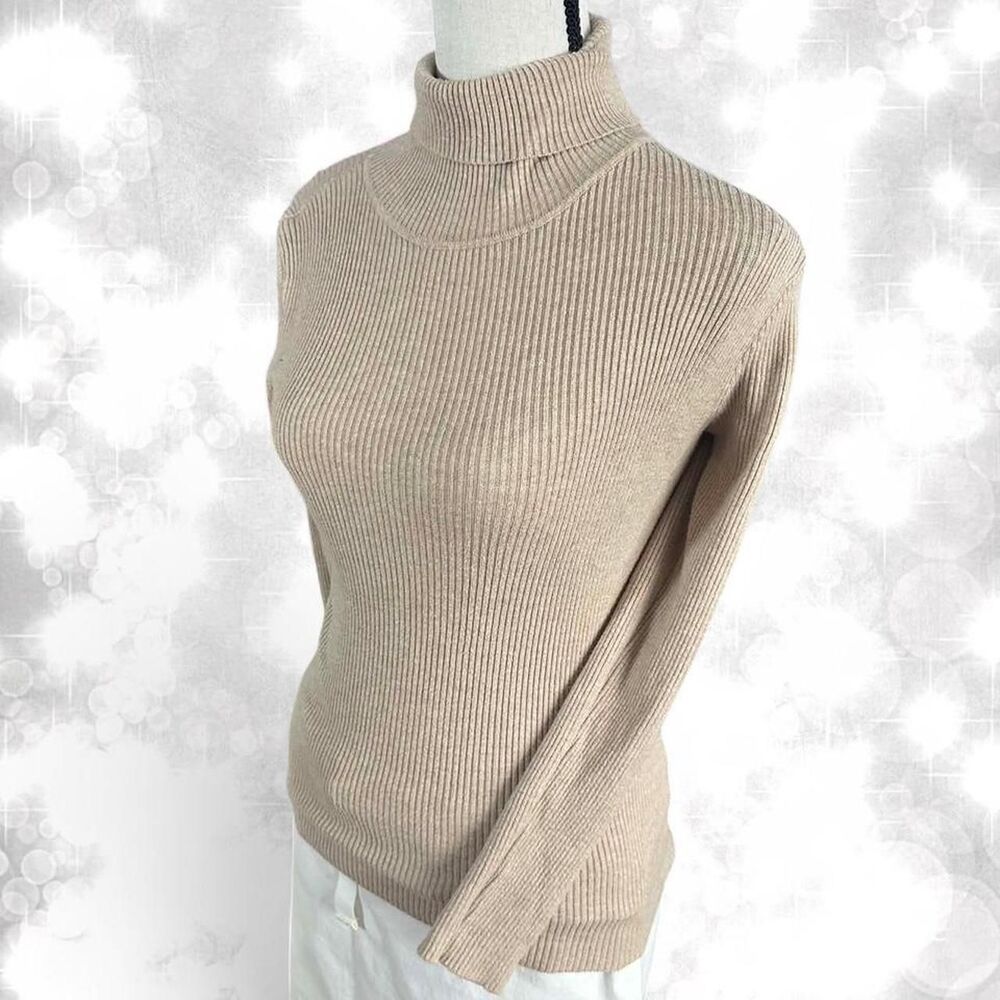Minimalist Ribbed Beige Style Turtle Neck Long Sleeve Top - Picture 2 of 6